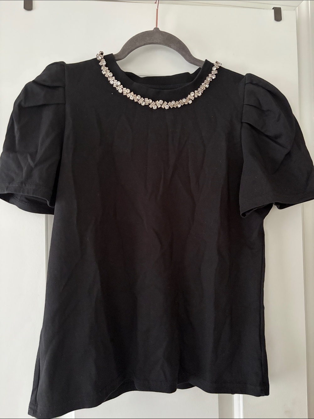 Short Puff Sleeve Black Tee with Rhinestone Neckline